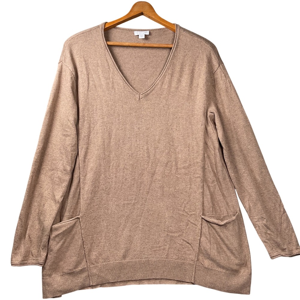 J. Jill V-Neck Tunic Sweater Womens Large Brown Cotton Blend Pocketed Knit